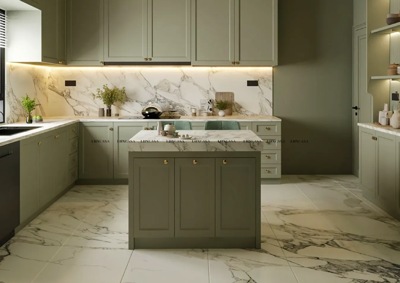 Mẫu gạch ốp bếp giả đá marble trắng vân mây