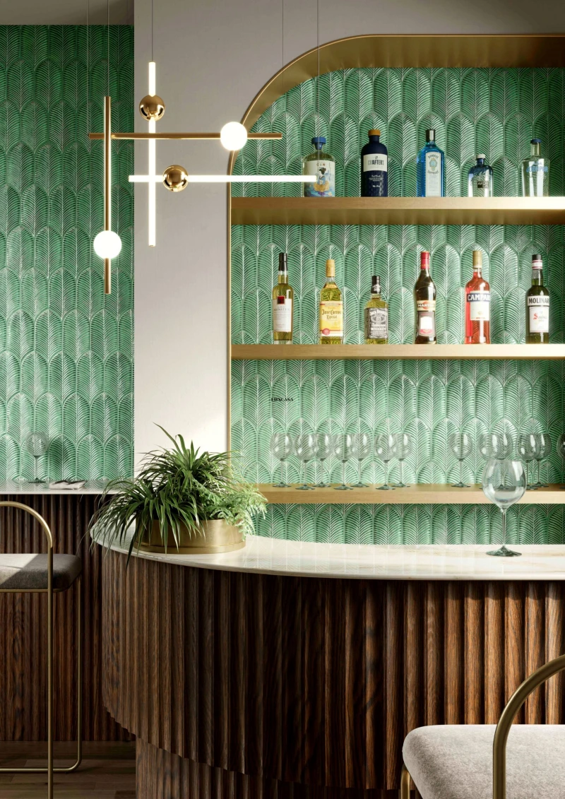 Ốp quán cafe với gạch màu xanh bơ tạo nên sự bắt mắt cho khách hàng