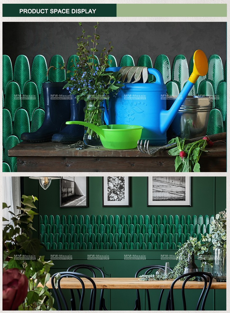 Mẫu gạch mosaic lông vũ màu xanh dán tường quán cafe