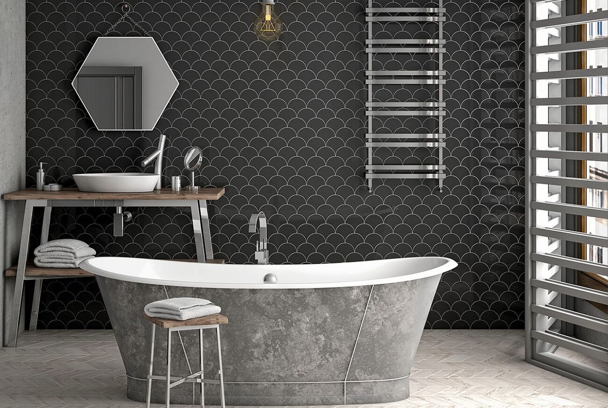 Gạch mosaic vảy cá màu đen ốp nhà tắm