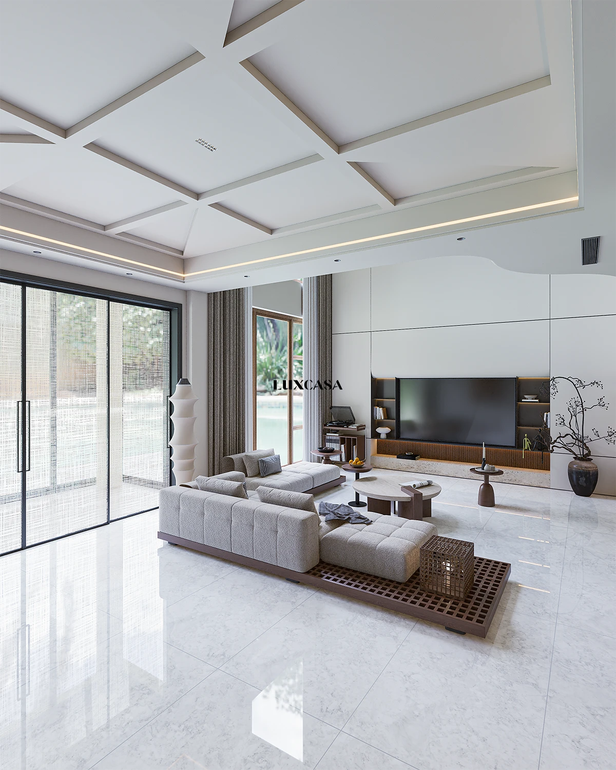 Gạch 750x1500 màu trắng lát phòng khách 715LUNGT