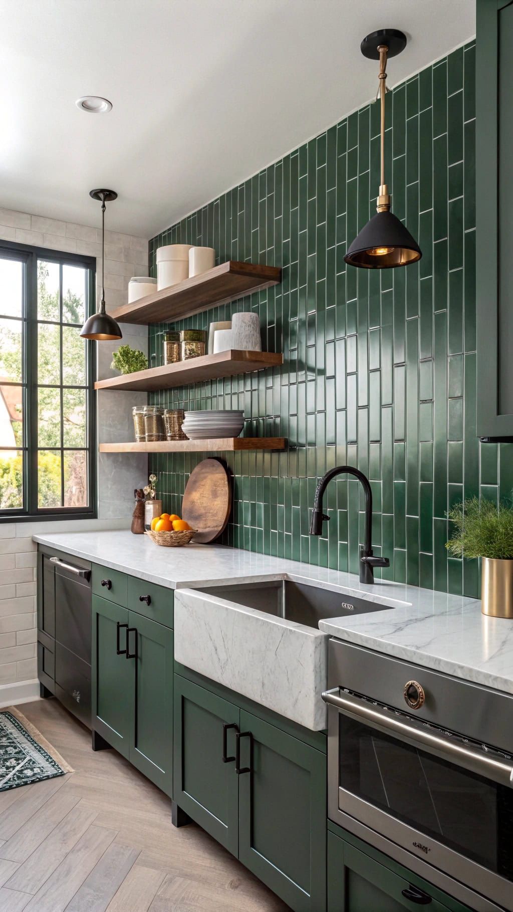 Gạch ốp bếp màu xanh kiểu thẳng đứng