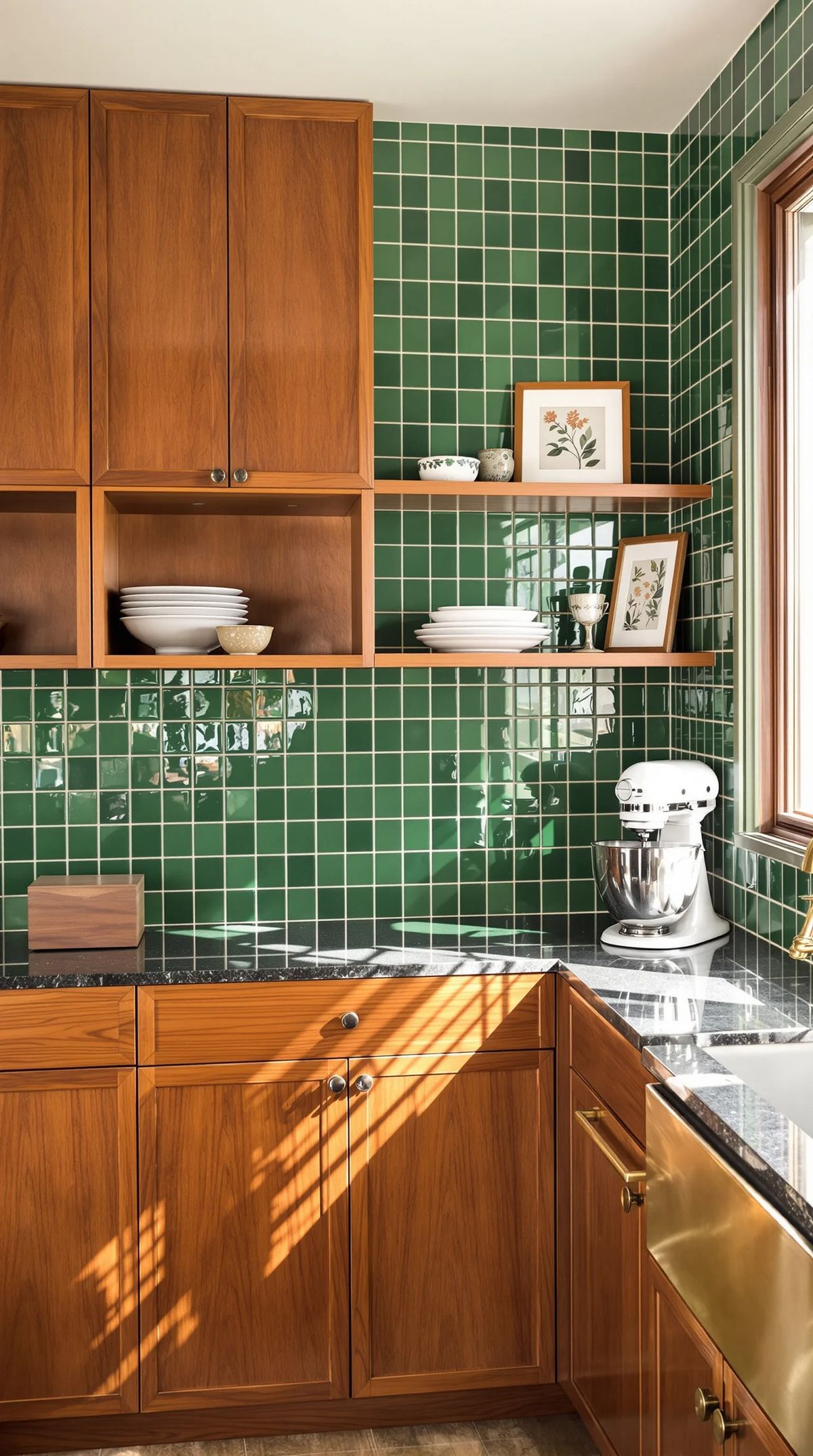 Gạch thẻ vuông màu xanh ốp tường bếp