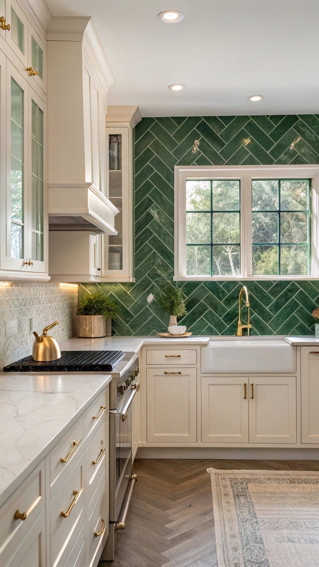 Gạch thẻ xanh ốp bếp hình xương cá