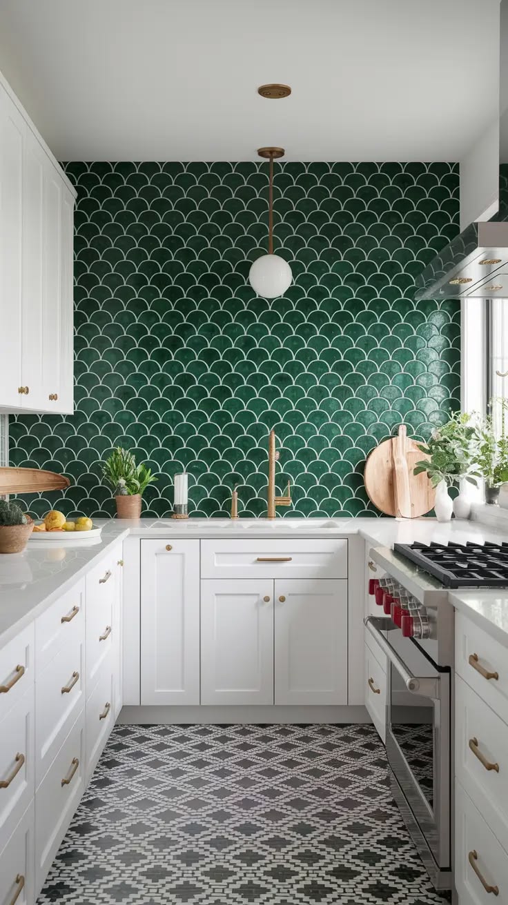 Mẫu gạch vảy cá màu xanh ngọc ốp tường bếp