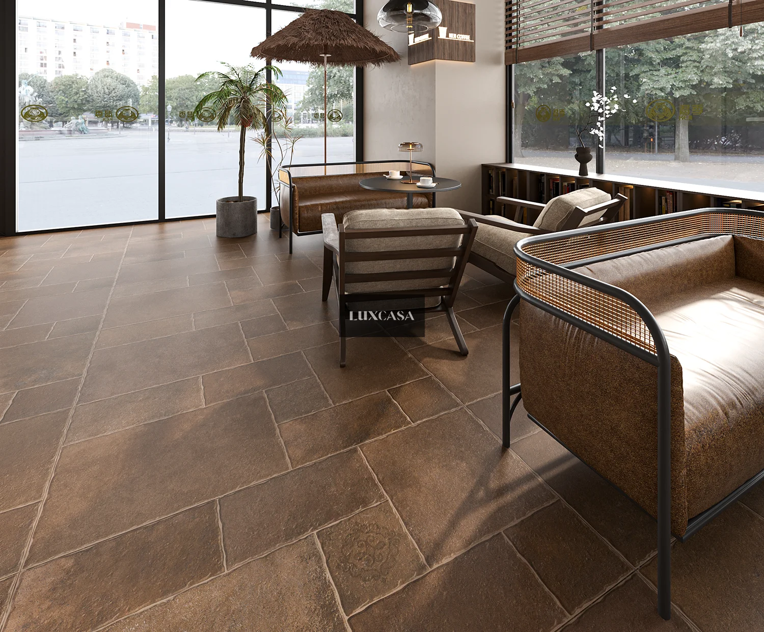 Gạch lát quán cafe màu nâu 60x120 giả cổ F11
