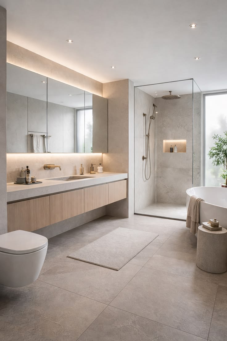 Phòng tắm lát gạch hiệu ứng xi măng