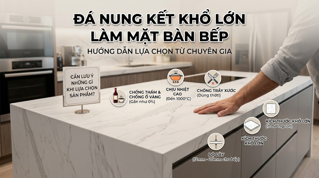 Đá nung kết khổ lớn làm mặt bàn bếp