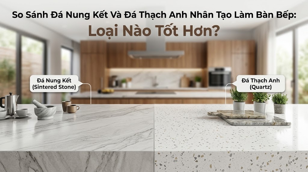 So Sánh Đá Nung Kết Và Đá Thạch Anh Nhân Tạo Làm Bàn Bếp