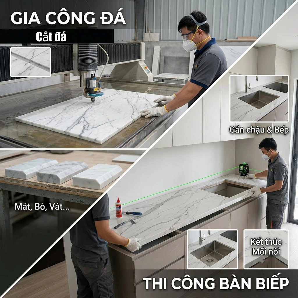 Thi công đá nung kết làm bàn bếp