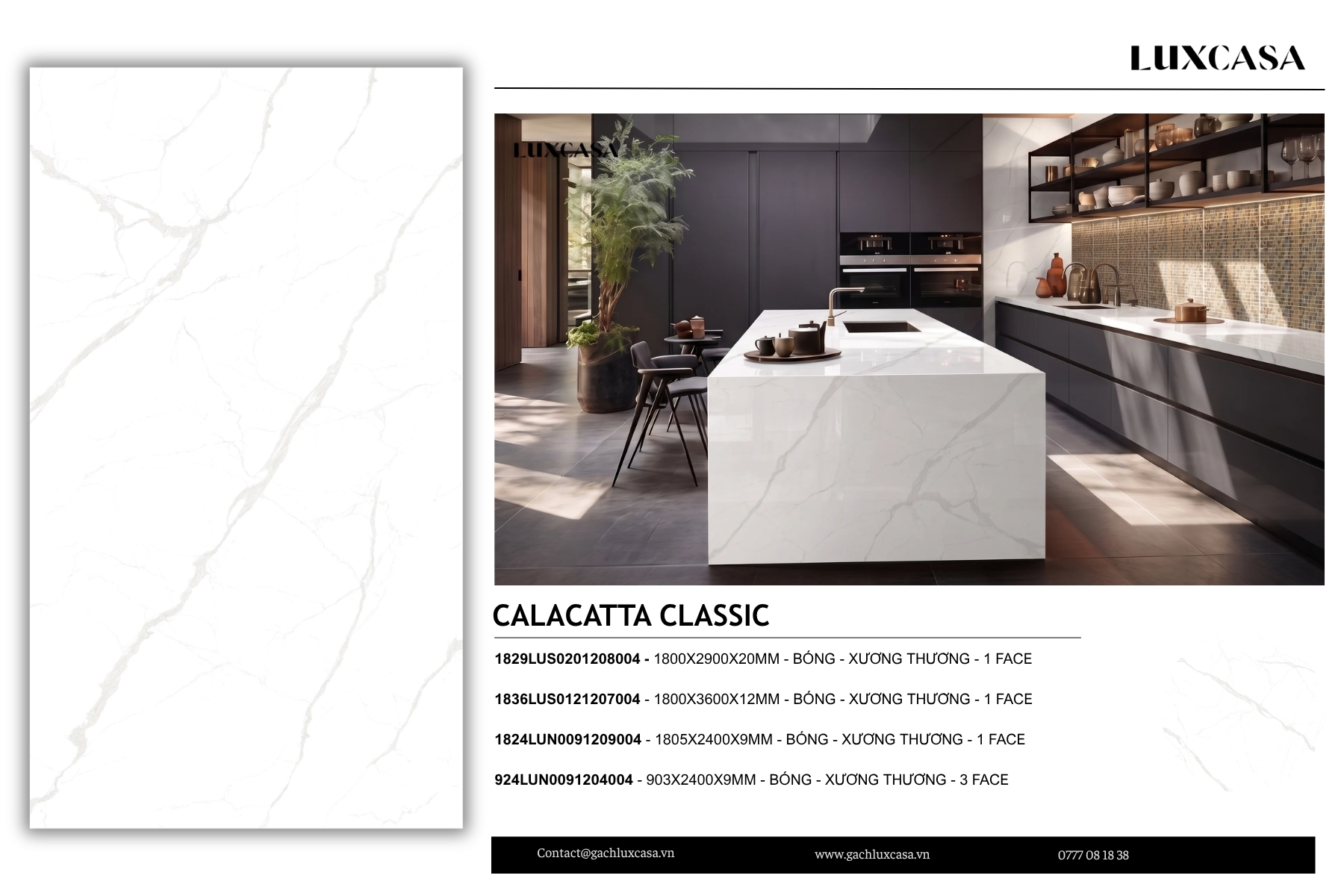 Hình ảnh đá nung kết Calacatta Classic, gạch ốp lát với họa tiết sang trọng và hiện đại, thích hợp cho các công trình nội thất.