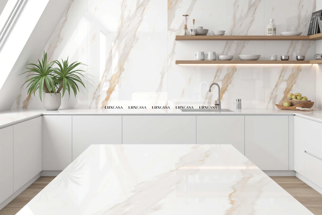 Đá nung kết Calacatta Gold ốp tường bếp