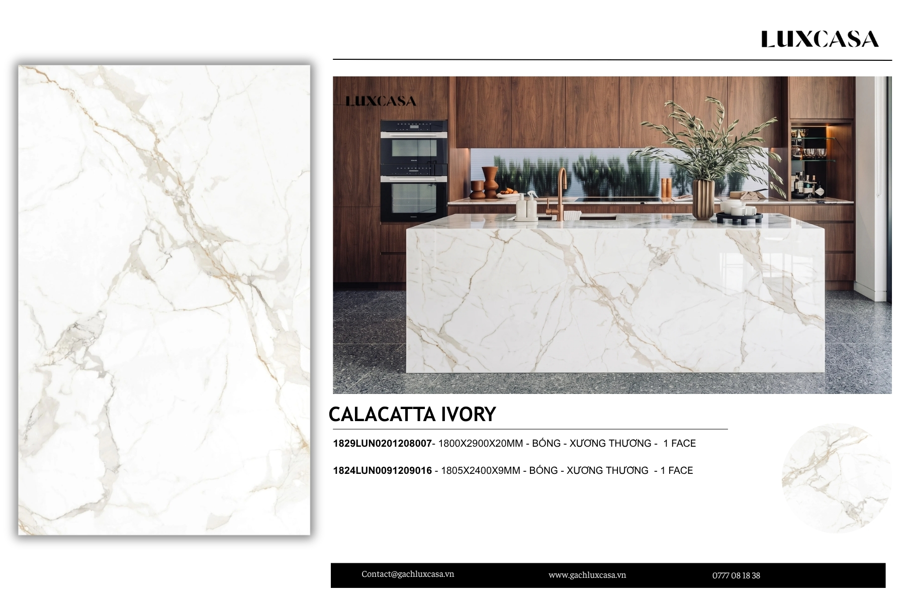 Hình ảnh đá nung kết Calacatta Ivory, gạch ốp lát màu kem sang trọng, thích hợp cho nội thất hiện đại.