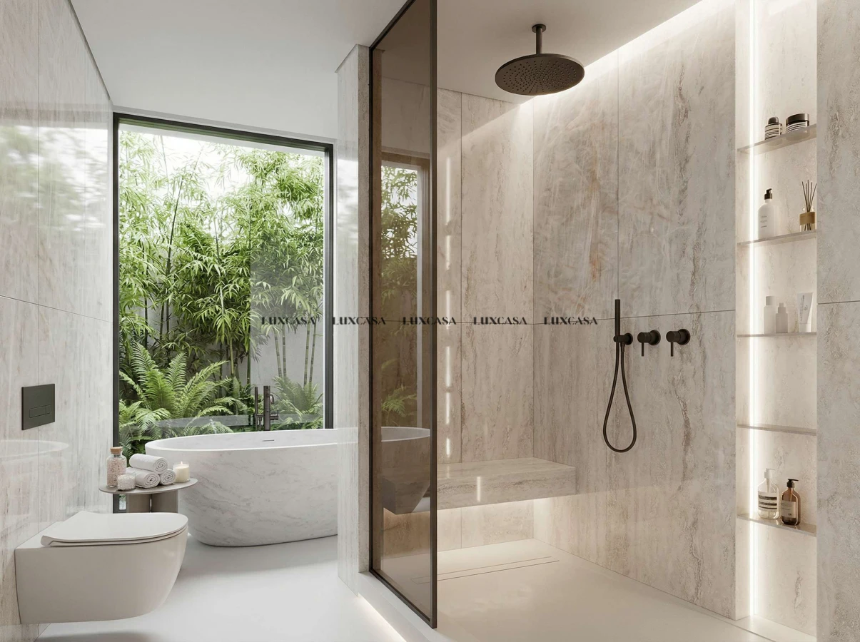 Đá nung kết Cristallo White ốp tường nhà tắm