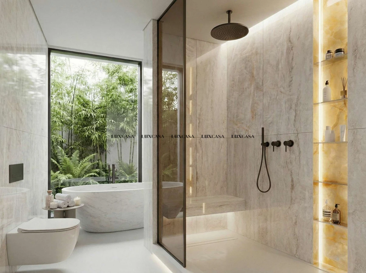 Đá nung kết Cristallo White ốp tường nhà tắm