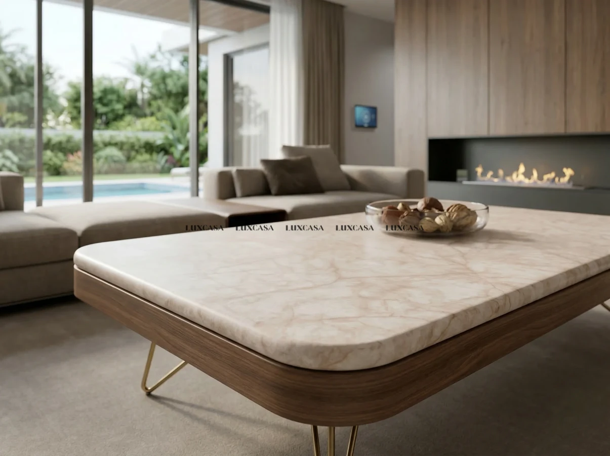 Đá nung kết Onice Bianco làm bàn phòng khách
