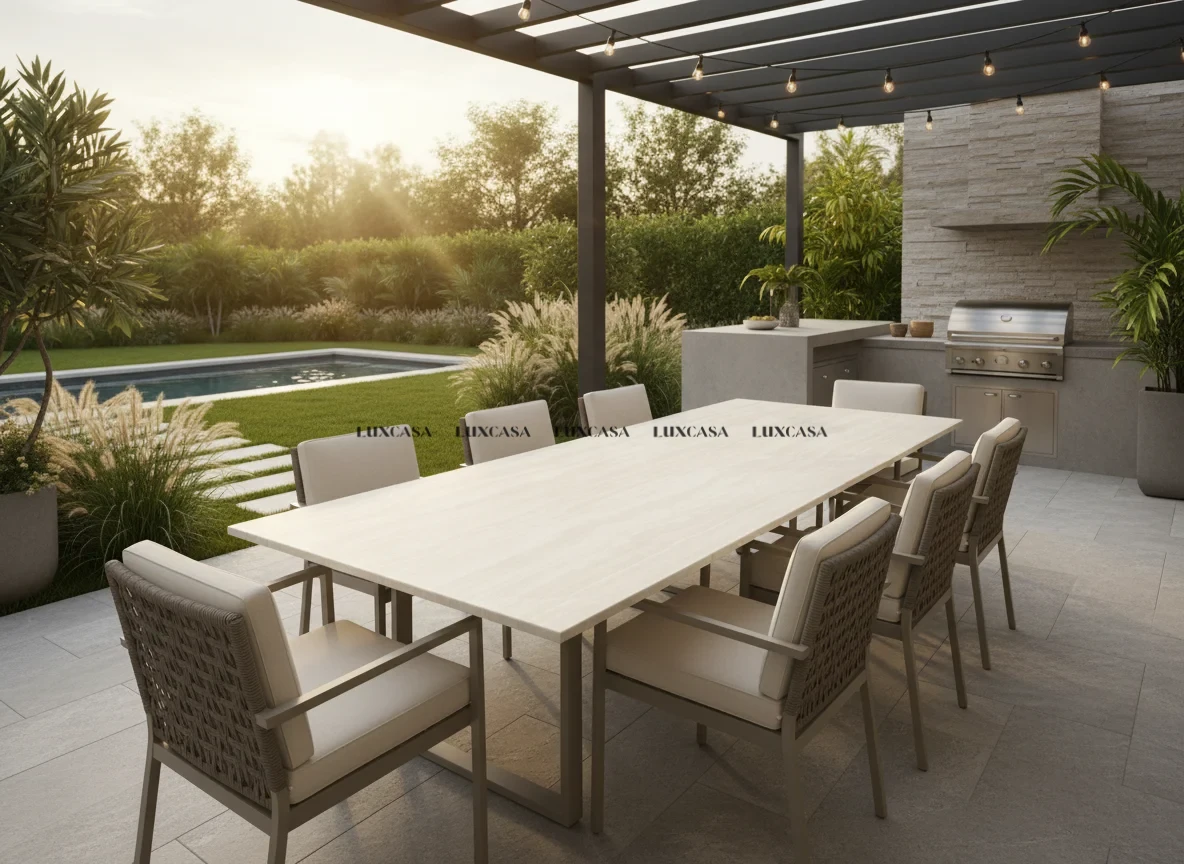 Đá nung kết Travertino Bianco làm bàn ăn ngoài trời