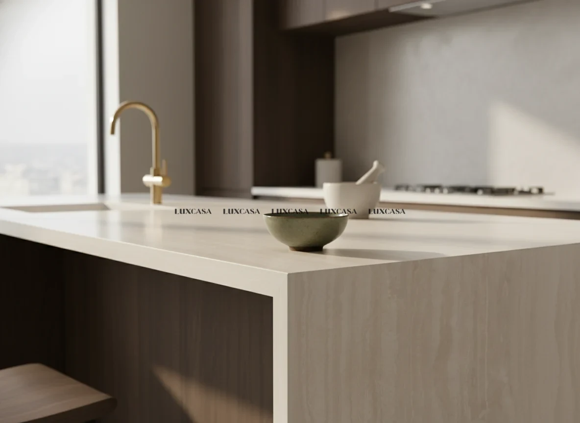 Đá nung kết Travertino Bianco làm bàn đảo (1)