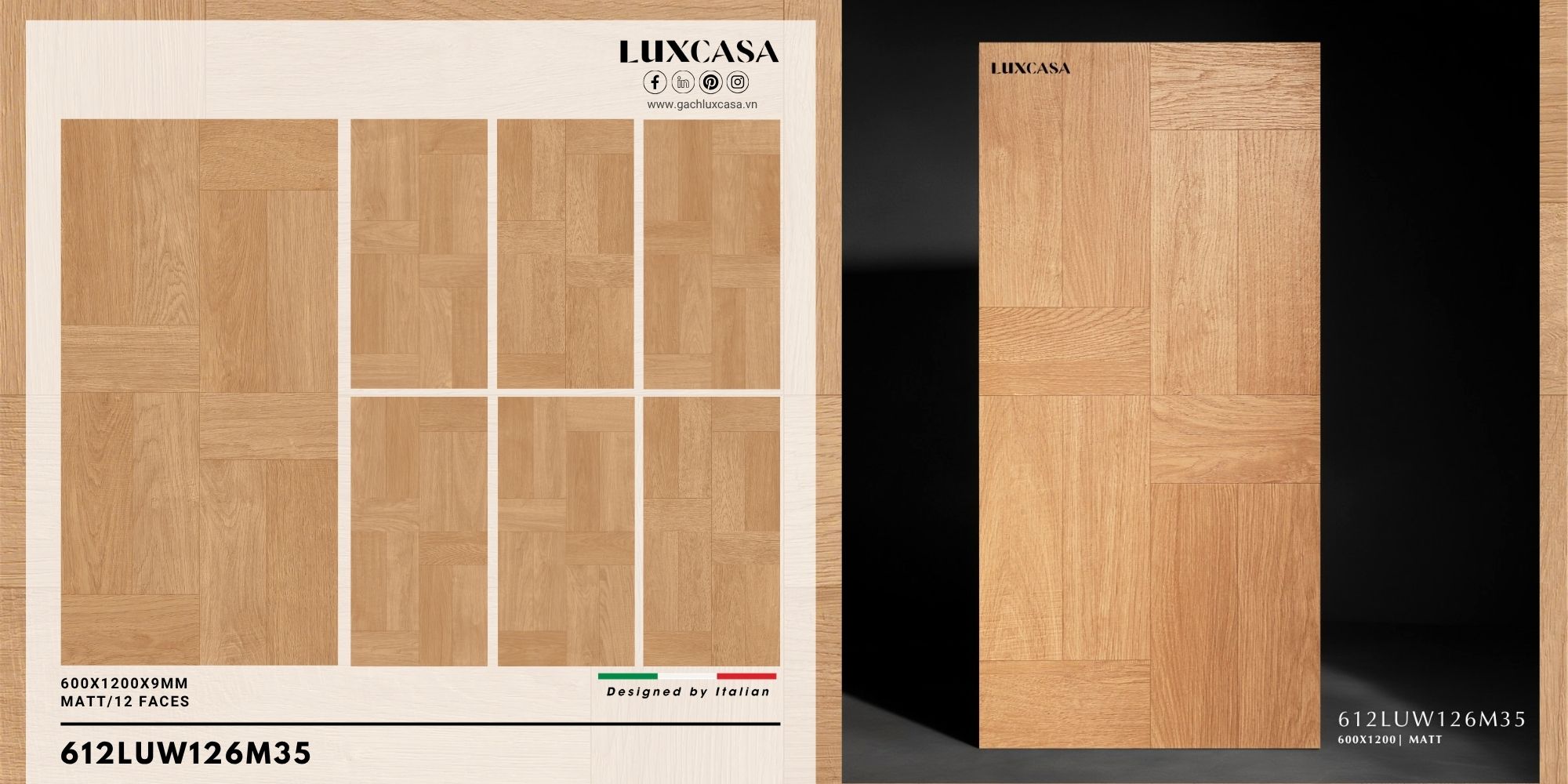 Hình ảnh gạch giả gỗ kích thước 60x120, mẫu mã 612LUW126M35, với hoa văn tự nhiên, phù hợp cho trang trí nội thất.