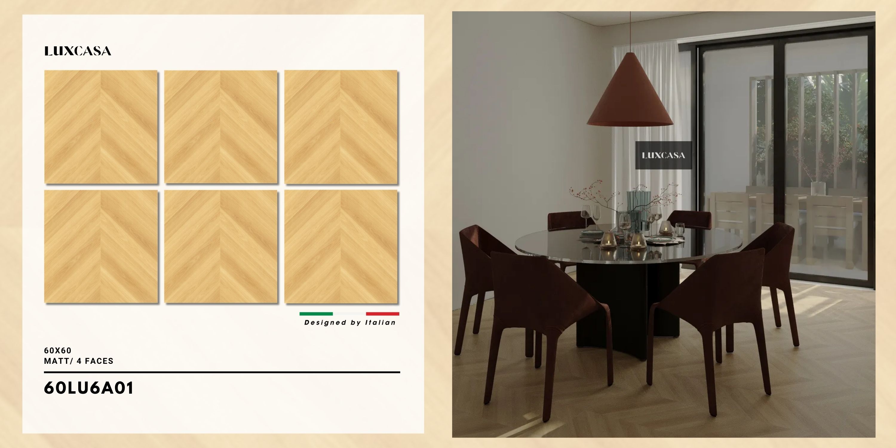 Hình ảnh gạch giả gỗ xương cá kích thước 60x60 cm, màu sắc tự nhiên