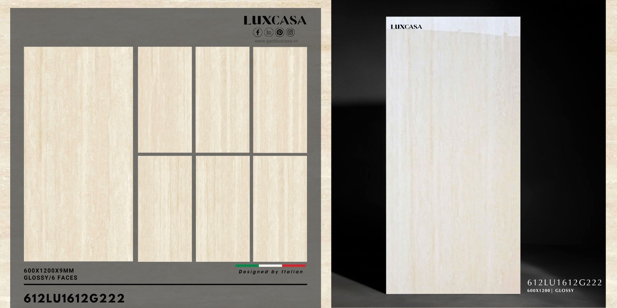 Hình ảnh hai mẫu gạch travertine bóng kích thước 60x120, phù hợp cho trang trí nội thất và ngoại thất