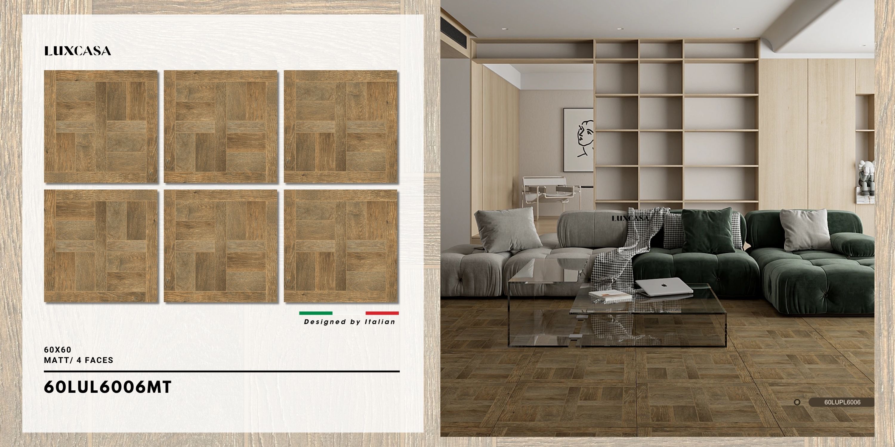 Gạch giả gỗ kích thước 60x60, mẫu 60LUL600 với thiết kế tự nhiên