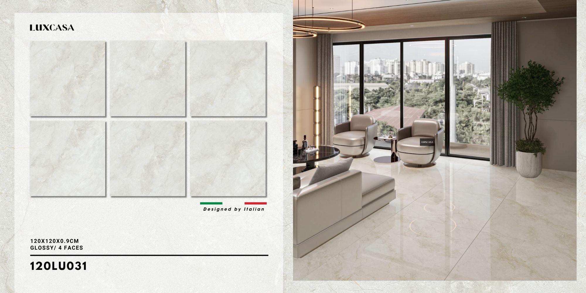Gạch 1200x1200 màu kem với họa tiết vân đá, thích hợp cho trang trí nội thất và ngoại thất