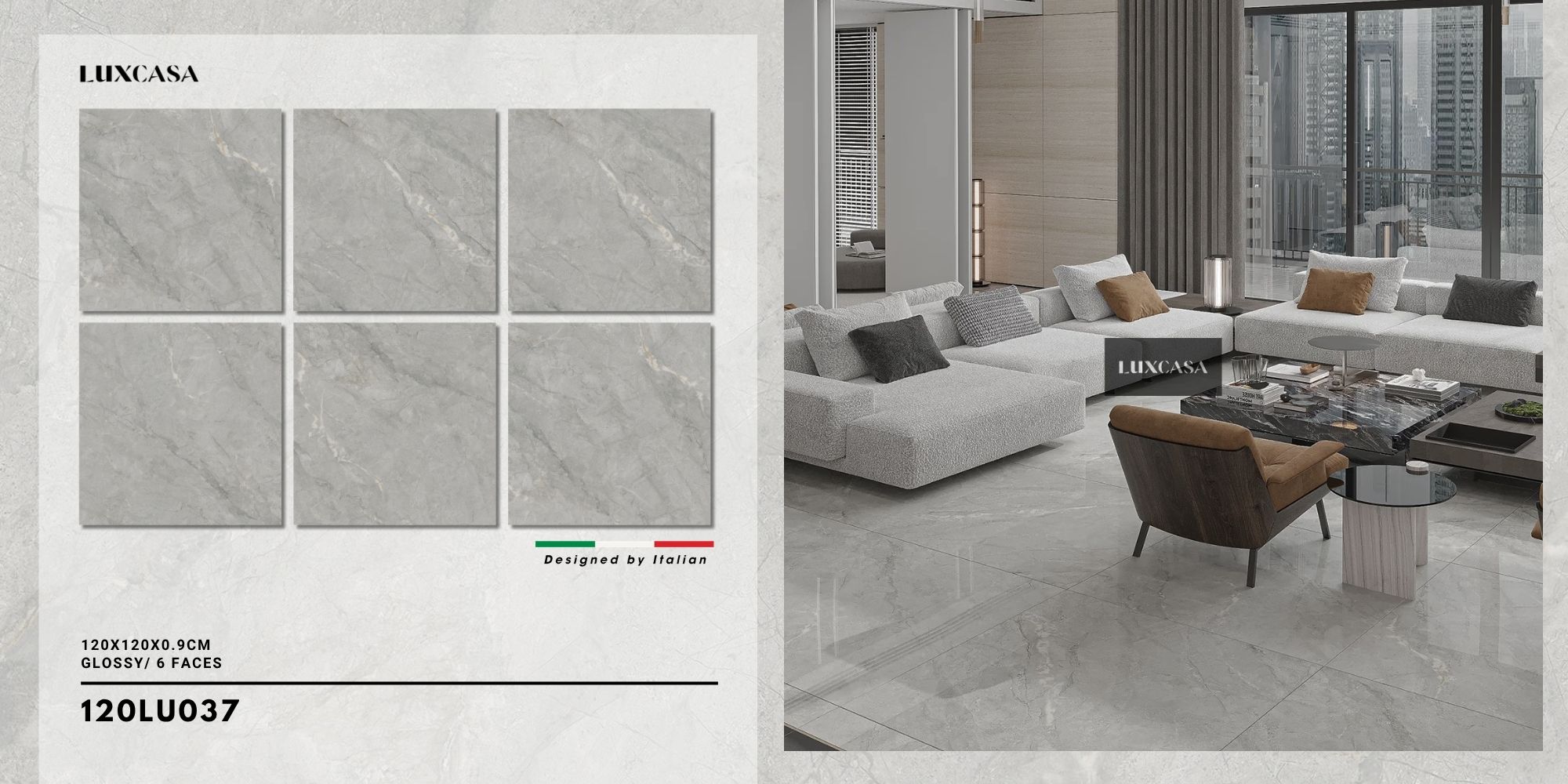 Gạch ốp lát 1200×1200 màu xám với vân đá tự nhiên 120LU037, thiết kế sang trọng