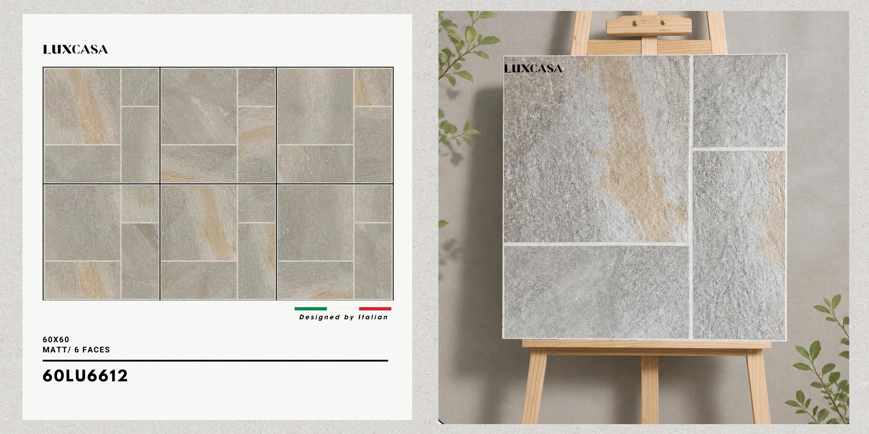 Gạch sân vườn 60×60 60LU6612 màu sắc tinh tế, bề mặt nhám, đặt trên nền cỏ xanh