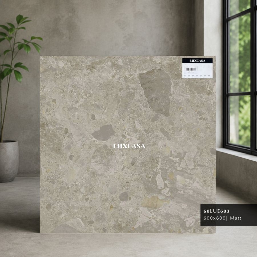 Hình ảnh bộ sưu tập 3 mẫu gạch terrazzo mờ kích thước 60x60 cm TEL, phù hợp cho nội thất và ngoại thất.